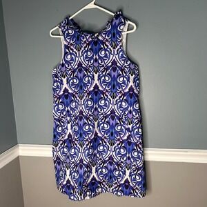 Tyler Boe Women Blue Purple Damask Linen Cotton Ruffle Neck Shift Dress Small